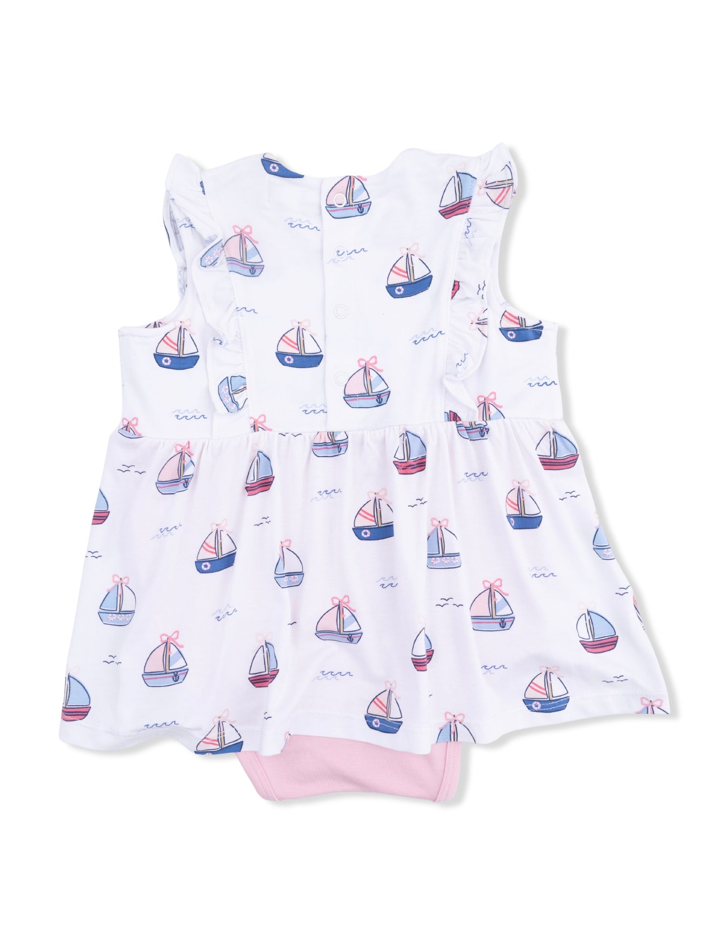 Pink Bubbly Sailboats Ruffle Bodysuit Dress