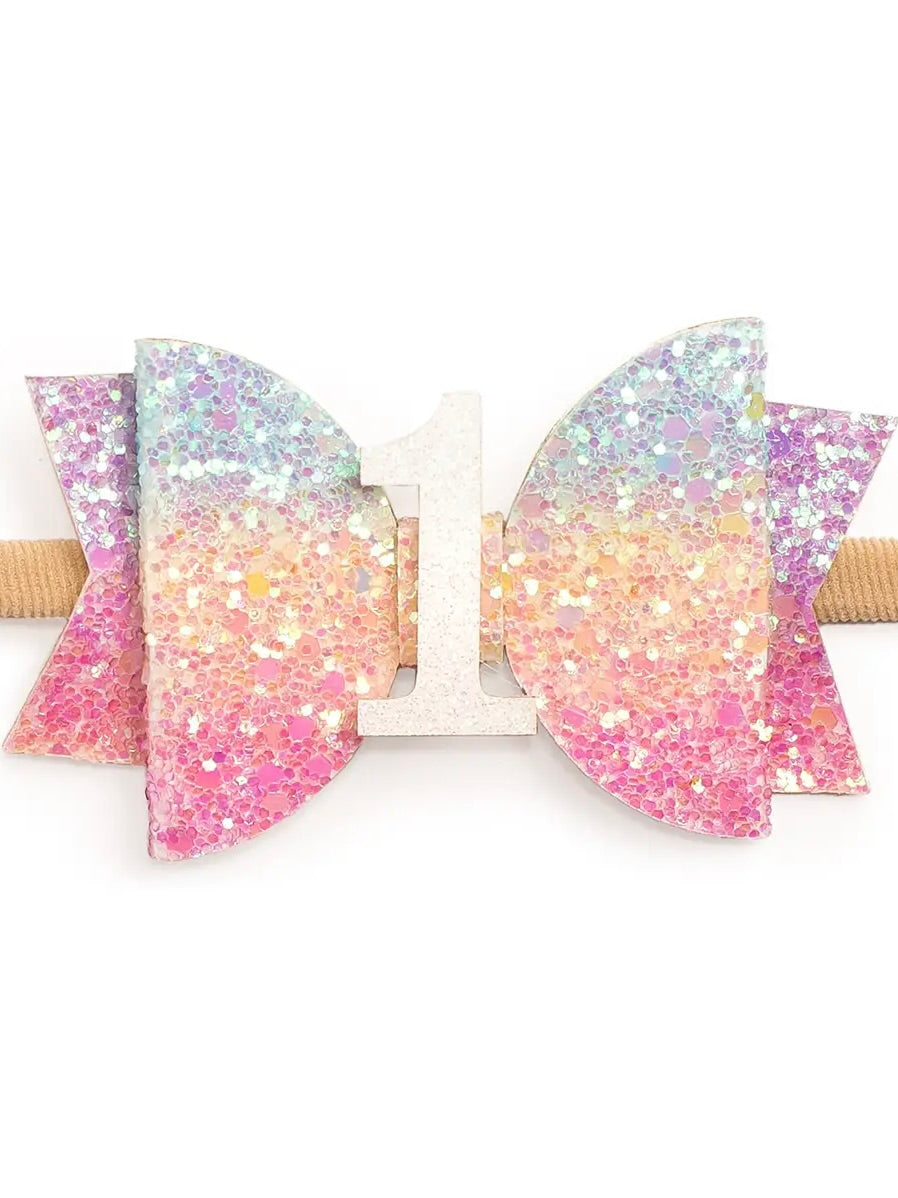1st Birthday Pastel Rainbow Bow Baby Headband
