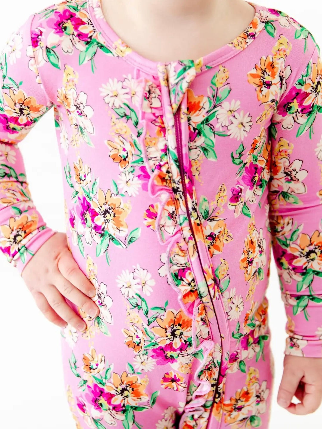 Pink Flower Child Floral Ruffle Convertible Bamboo Footie
