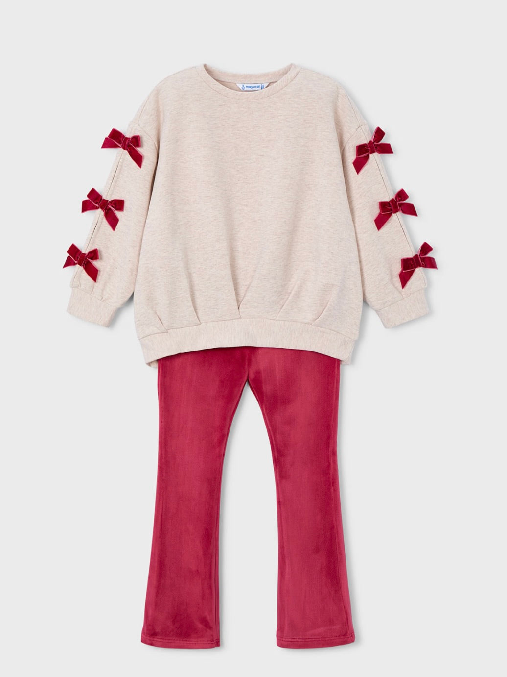 3D Bow Sleeve Sweatshirt + Pant Set - Oatmeal/Red