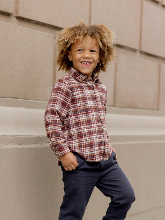 Burgundy Plaid Collared Long Sleeve Shirt