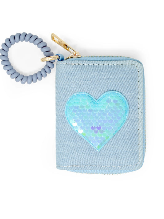 Sequin Heart Spiral Strap Wallet - Blue Denim