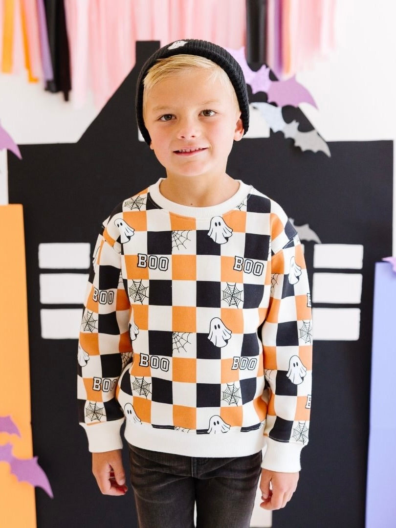 Boo Checkered Halloween Sweatshirt - Natural
