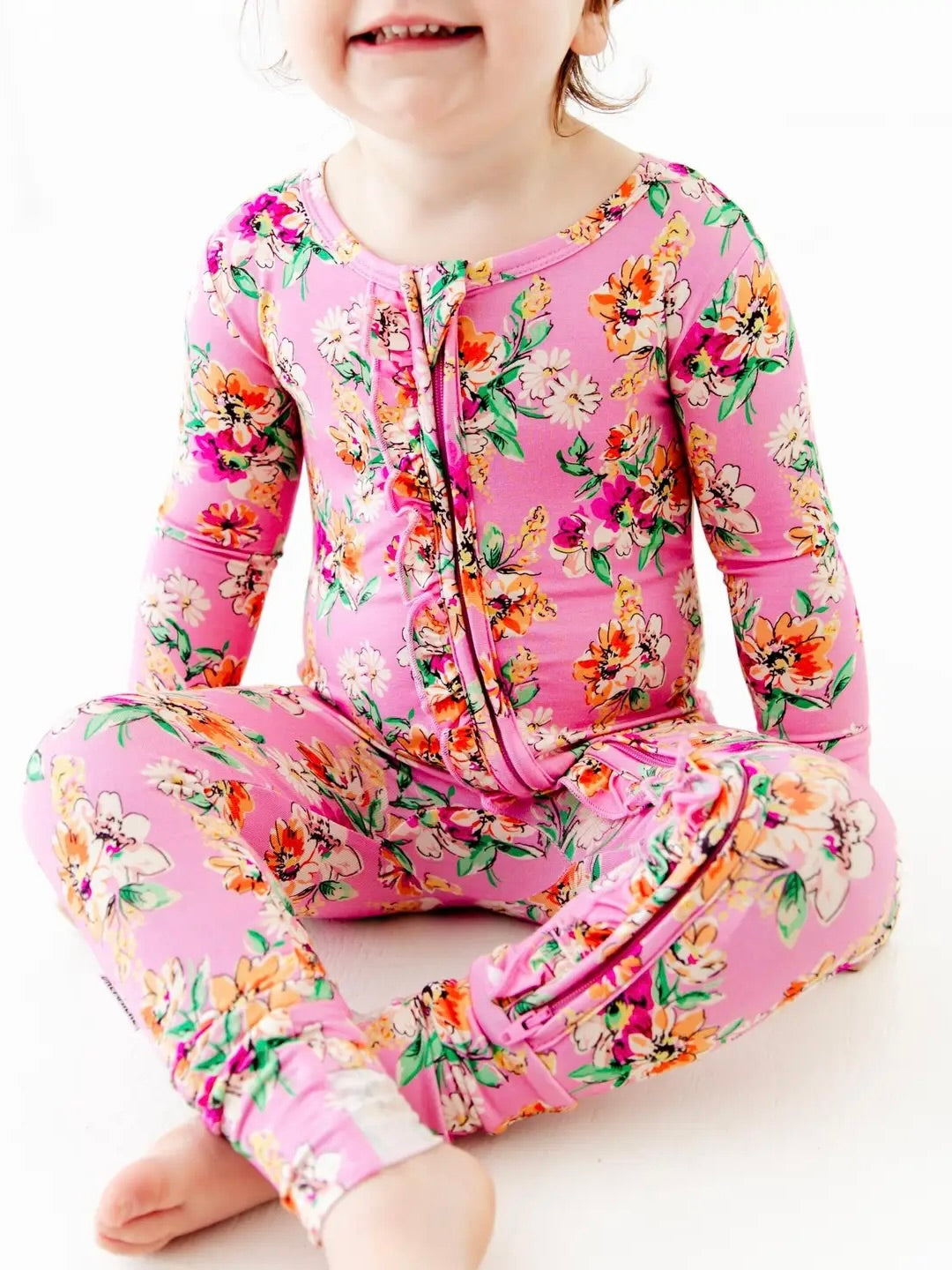 Pink Flower Child Floral Ruffle Convertible Bamboo Footie