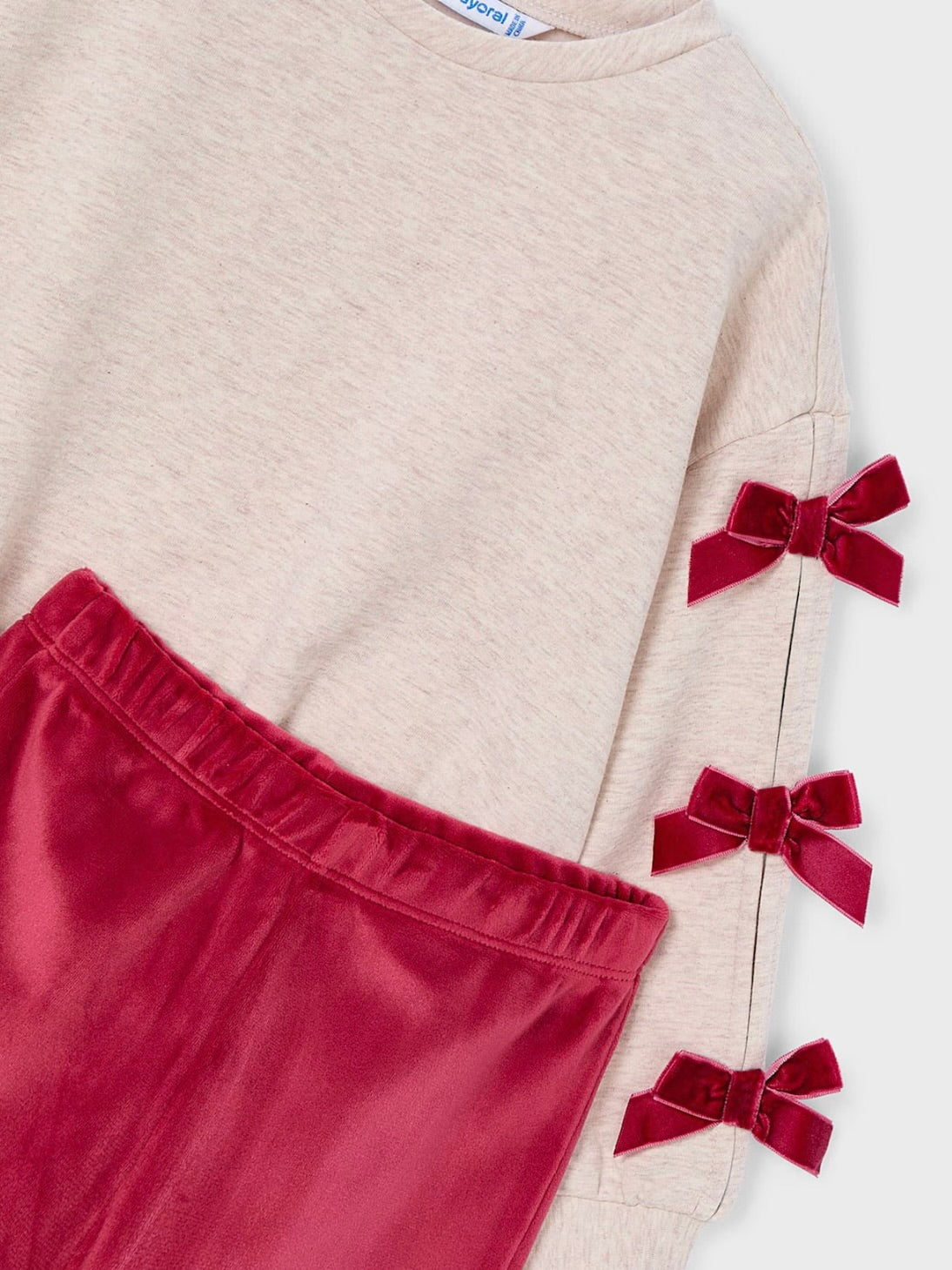 3D Bow Sleeve Sweatshirt + Pant Set - Oatmeal/Red