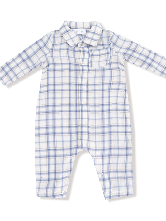 Blue Plaid L/S Polo Romper