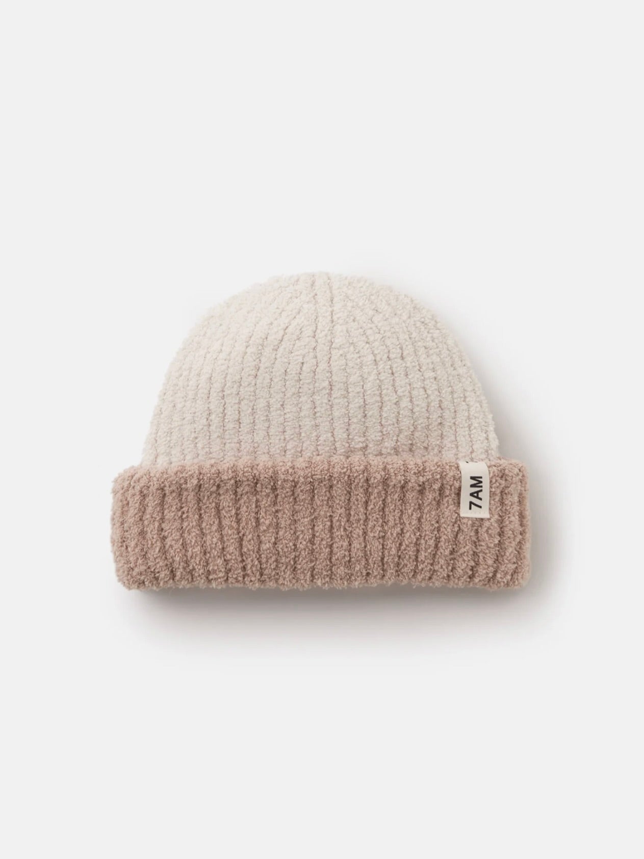 Two Toned Fuzzy Ribbed Beanie - Pecan Ecru