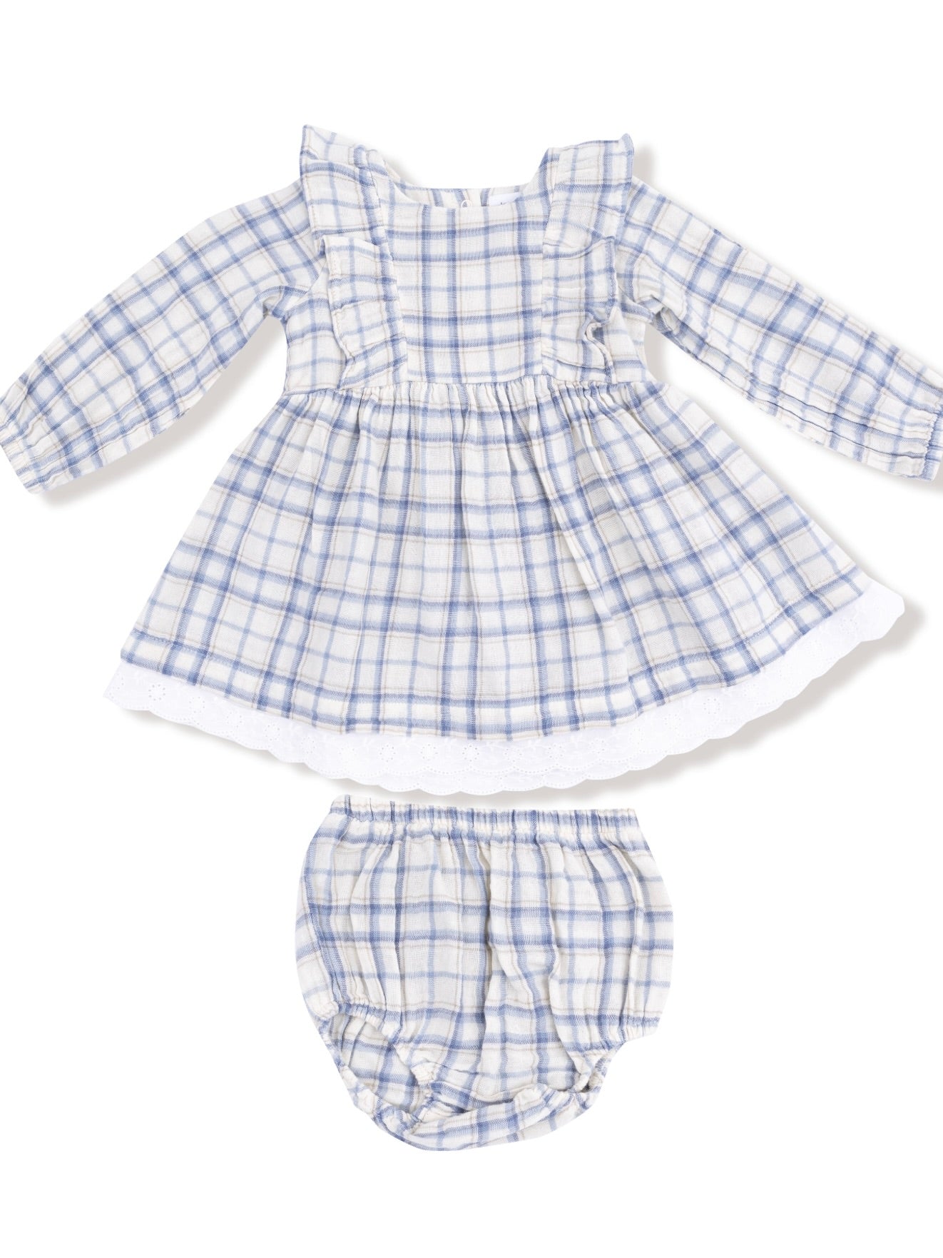 Long Sleeve Dress with Eyelet Hem - Blue Plaid
