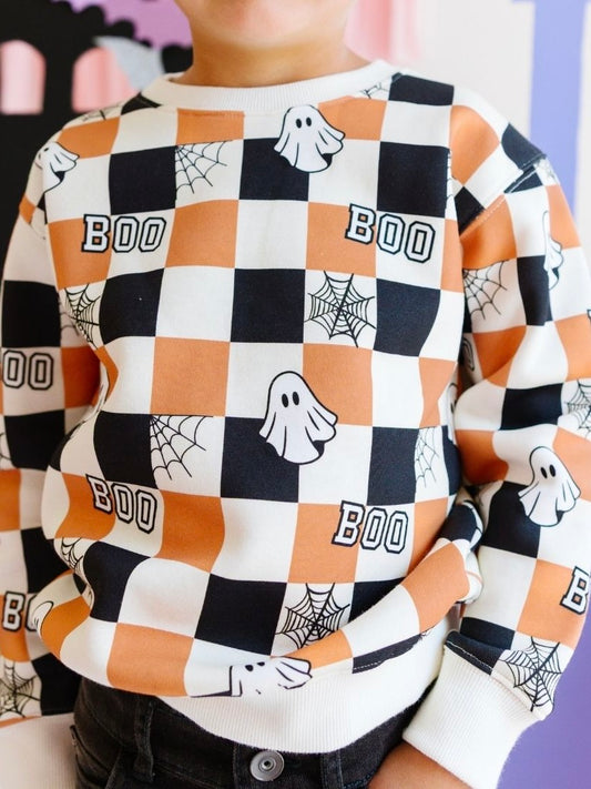 Boo Checkered Halloween Sweatshirt - Natural