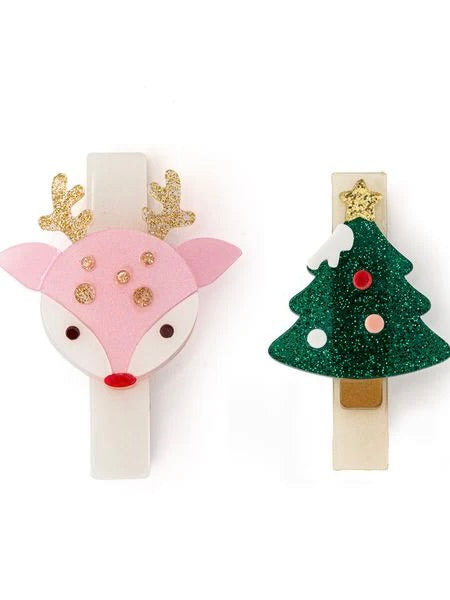 Reindeer Pink and Tree Hair Clips