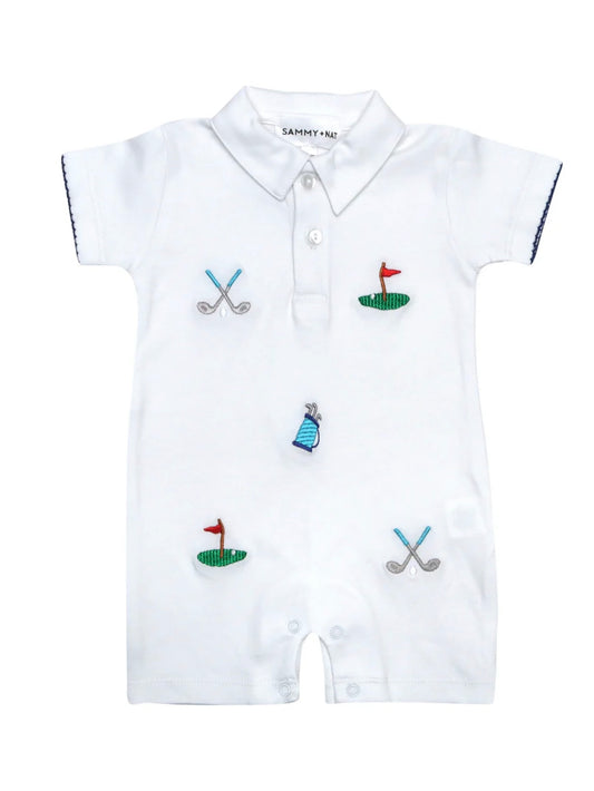 Embroidered Golf Polo Romper - Blue