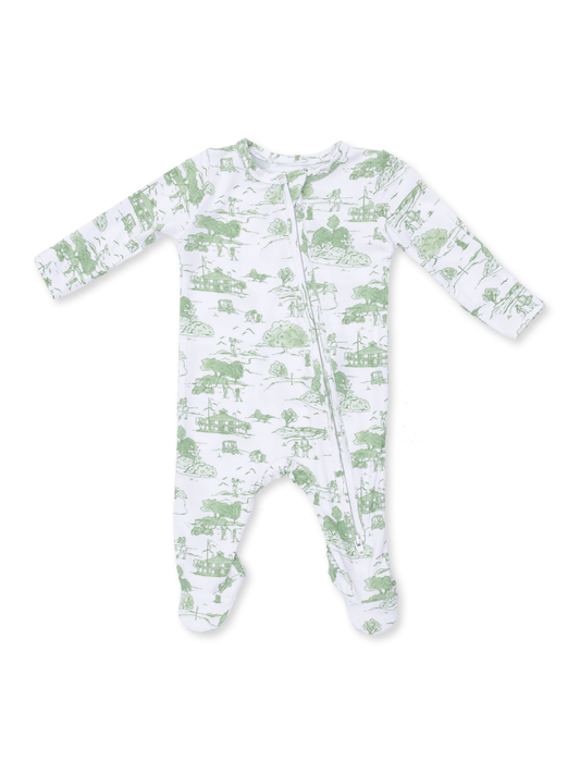 Green Gold Toile Zipper Footie