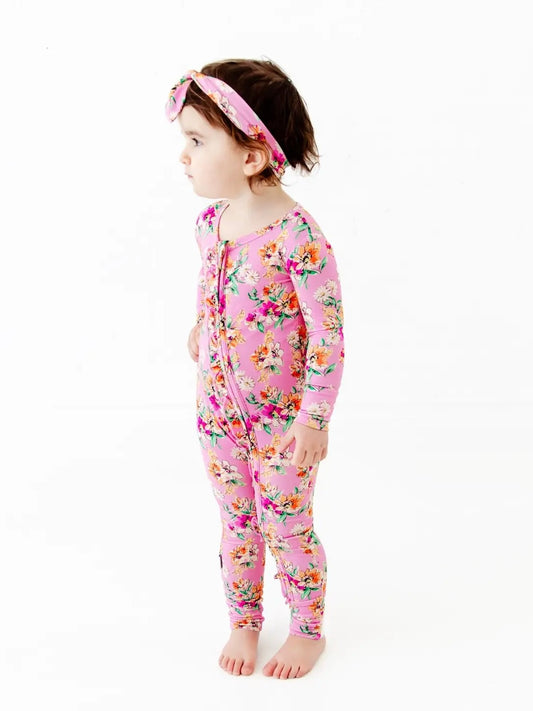 Pink Flower Child Floral Ruffle Convertible Bamboo Footie