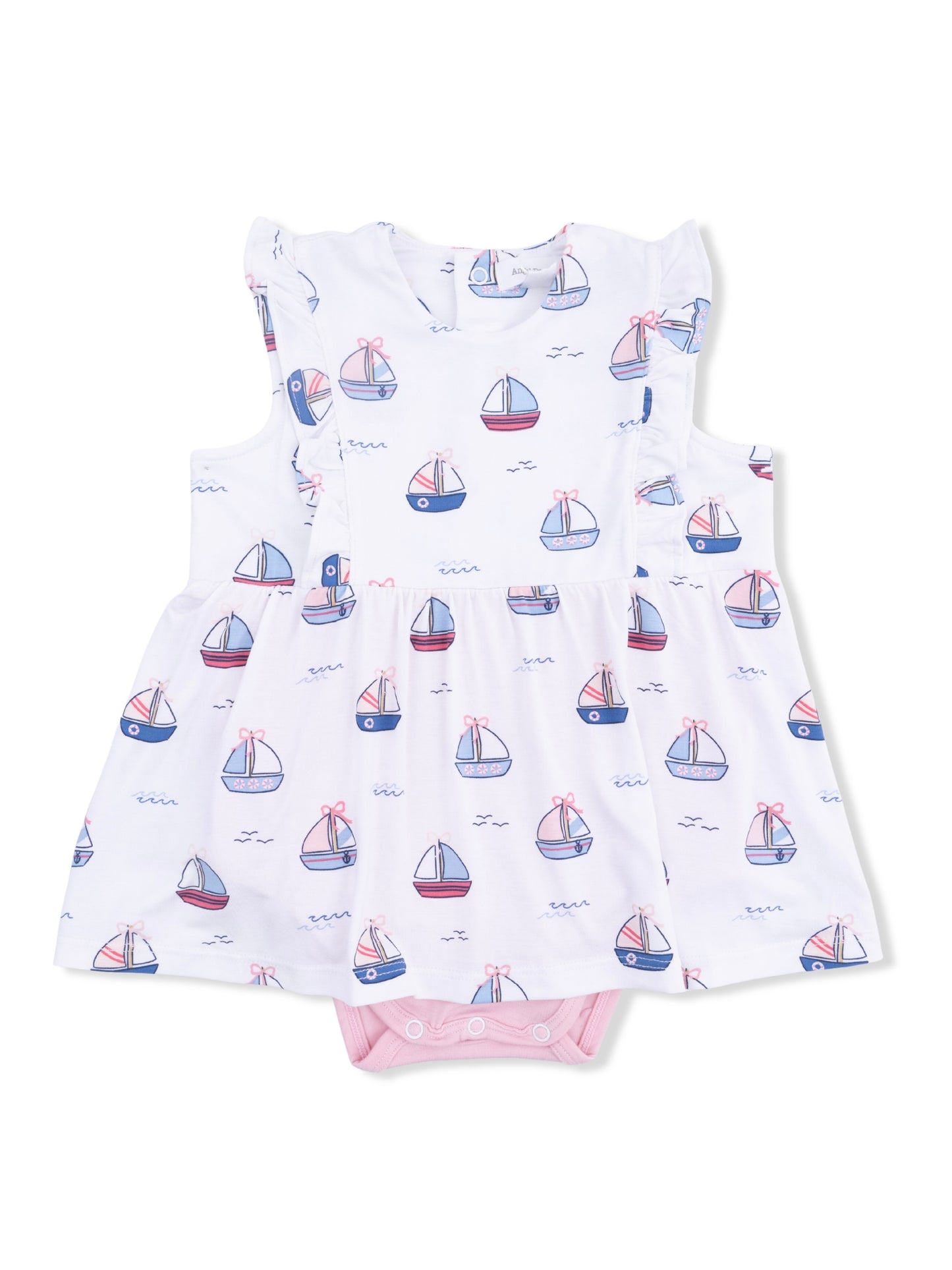 Pink Bubbly Sailboats Ruffle Bodysuit Dress