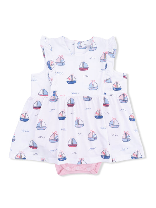 Pink Bubbly Sailboats Ruffle Bodysuit Dress