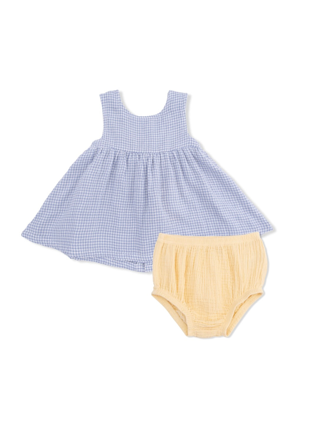 Micro Gingham Blue Blizzard Infant Dress with Bow + Bloomer