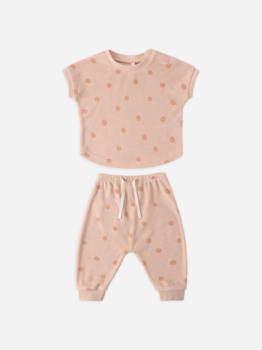 Melon Polka Dot Terry Tee + Pant Set