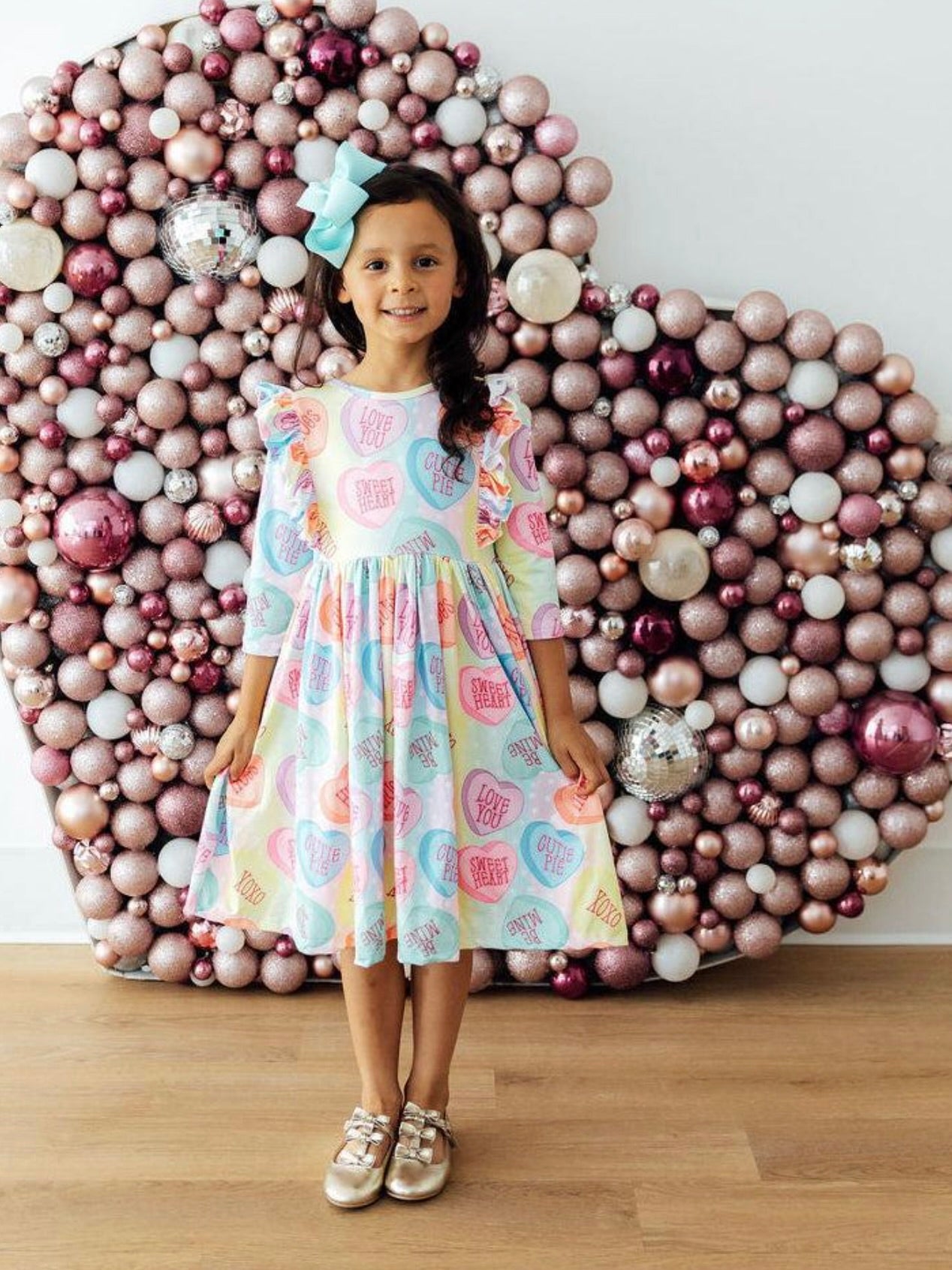 Conversation Hearts 3/4 Sleeve Ruffle Twirl Dress