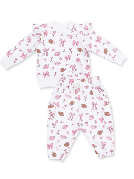 Footballs + Bows Ruffle Sweatshirt + Cargo Pant Set