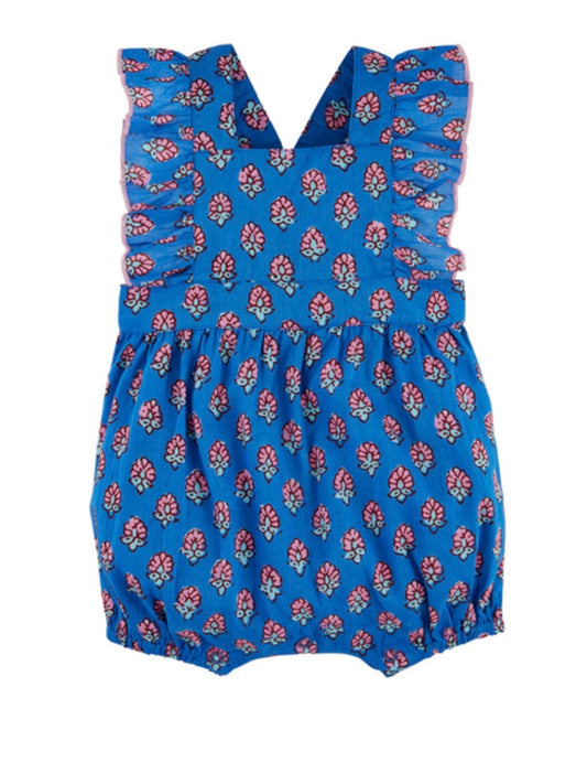 Flutter Sleeve Romper - Blue Block Print