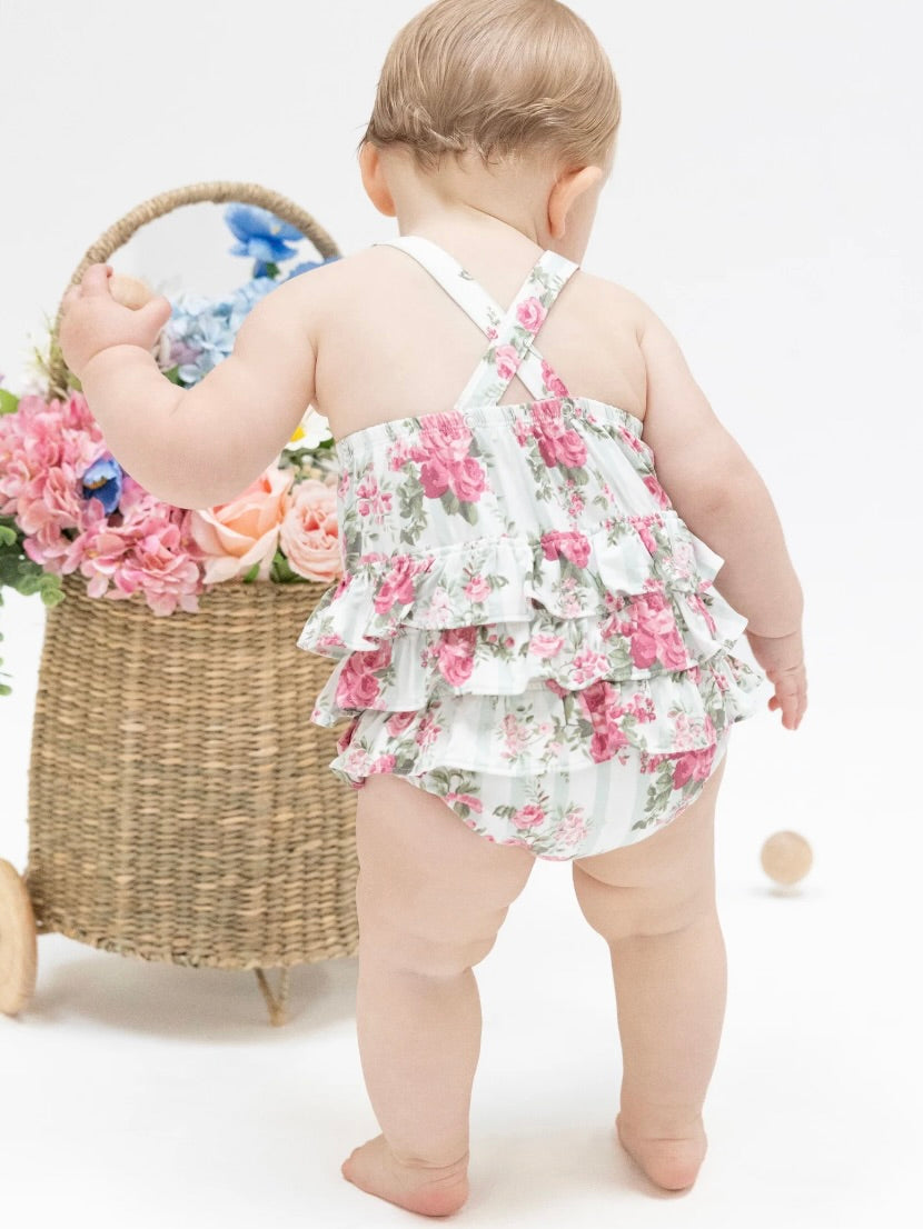 Cabbage Rose Stripe Ruffle Sunsuit