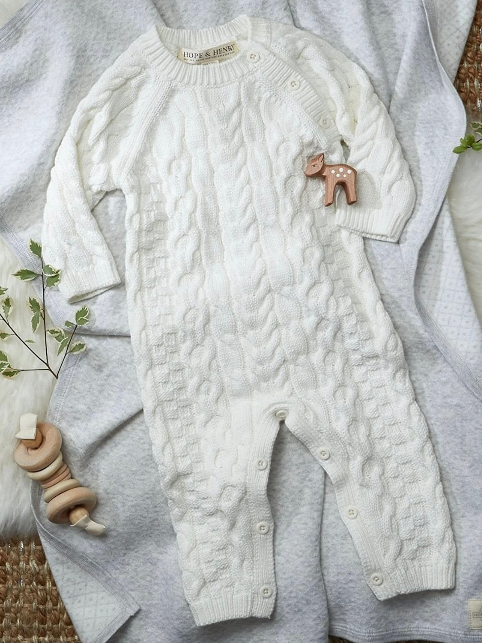 Soft White Organic Cable Knit Sweater Romper