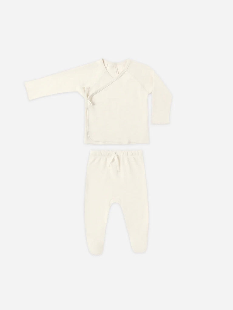Quincy Essentials Wrap Top + Footed Pant Set- Ivory