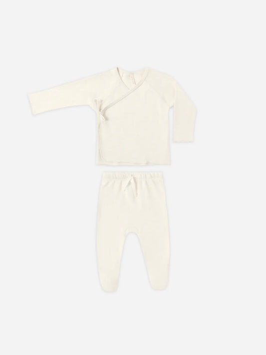 Quincy Essentials Wrap Top + Footed Pant Set- Ivory