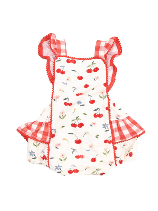 Watercolor Cherries Gingham Ric Rac Sunsuit