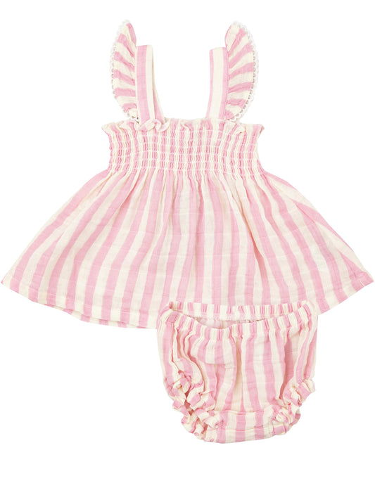 Pink Stripe Ruffle Strap Smocked Top and Bloomer