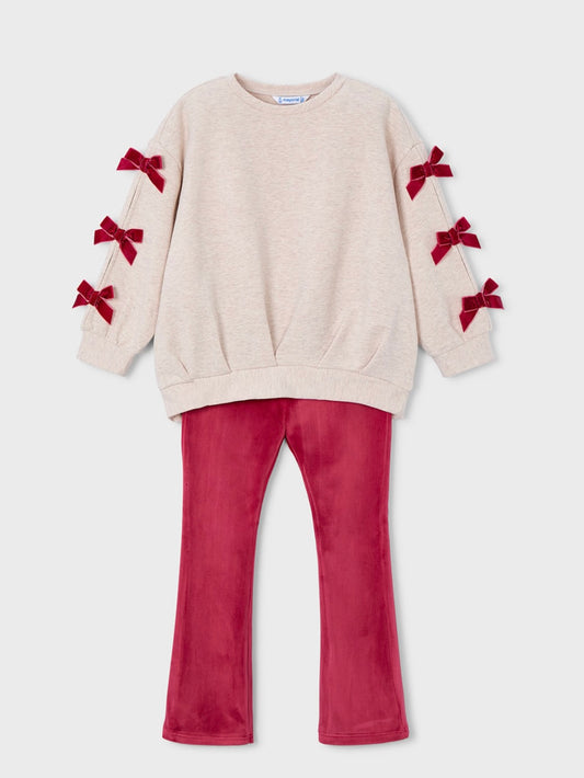 3D Bow Sleeve Sweatshirt + Pant Set - Oatmeal/Red