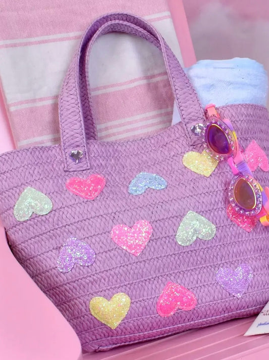 Heart-Patched Purple Straw Tote Bag