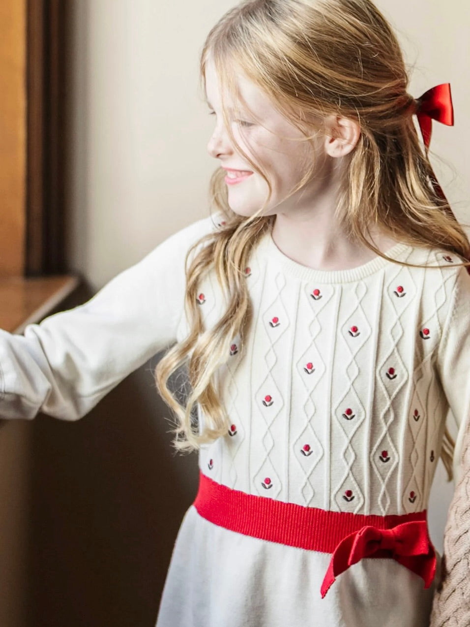Ivory with Red Flowers Skater Sweater Dress
