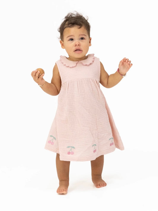 Muslin Petal Collar Dress Set - Pink Cherry
