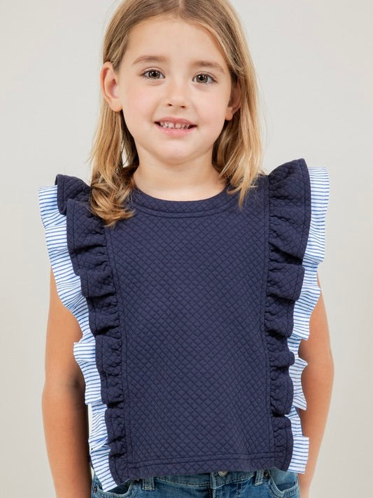 Striped Ruffle Sleeve Knit Top - Navy