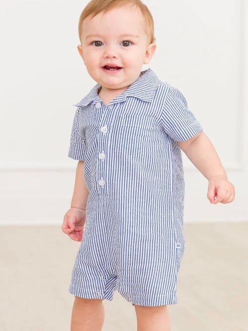 Seersucker Button-Up Romper - Classic Blue