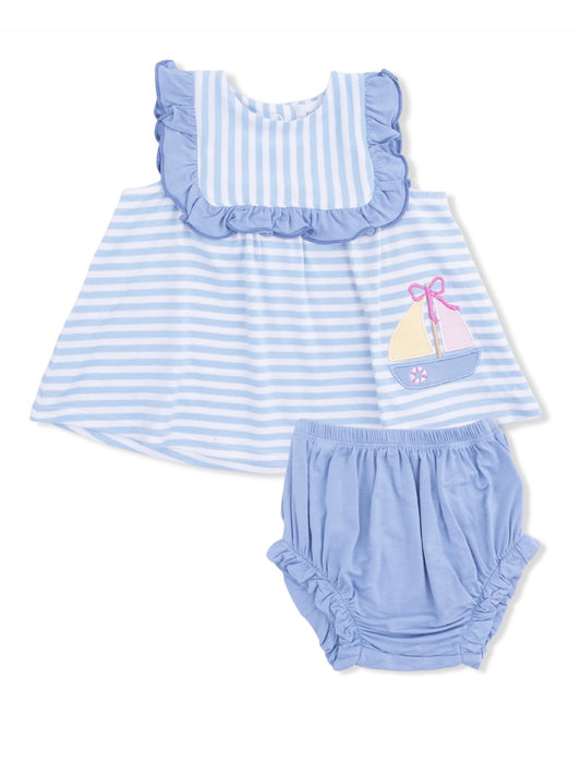 Ruffle Top & Bloomer - Blue Bubbly Sailboat Stripe