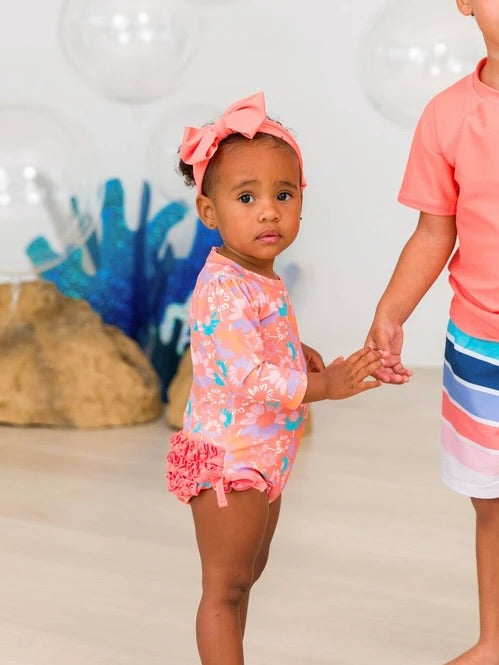 Signature Ruffles Rash Guard Swimsuit - Coral Floral