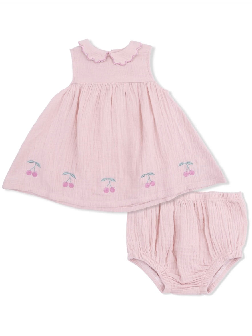 Muslin Petal Collar Dress Set - Pink Cherry
