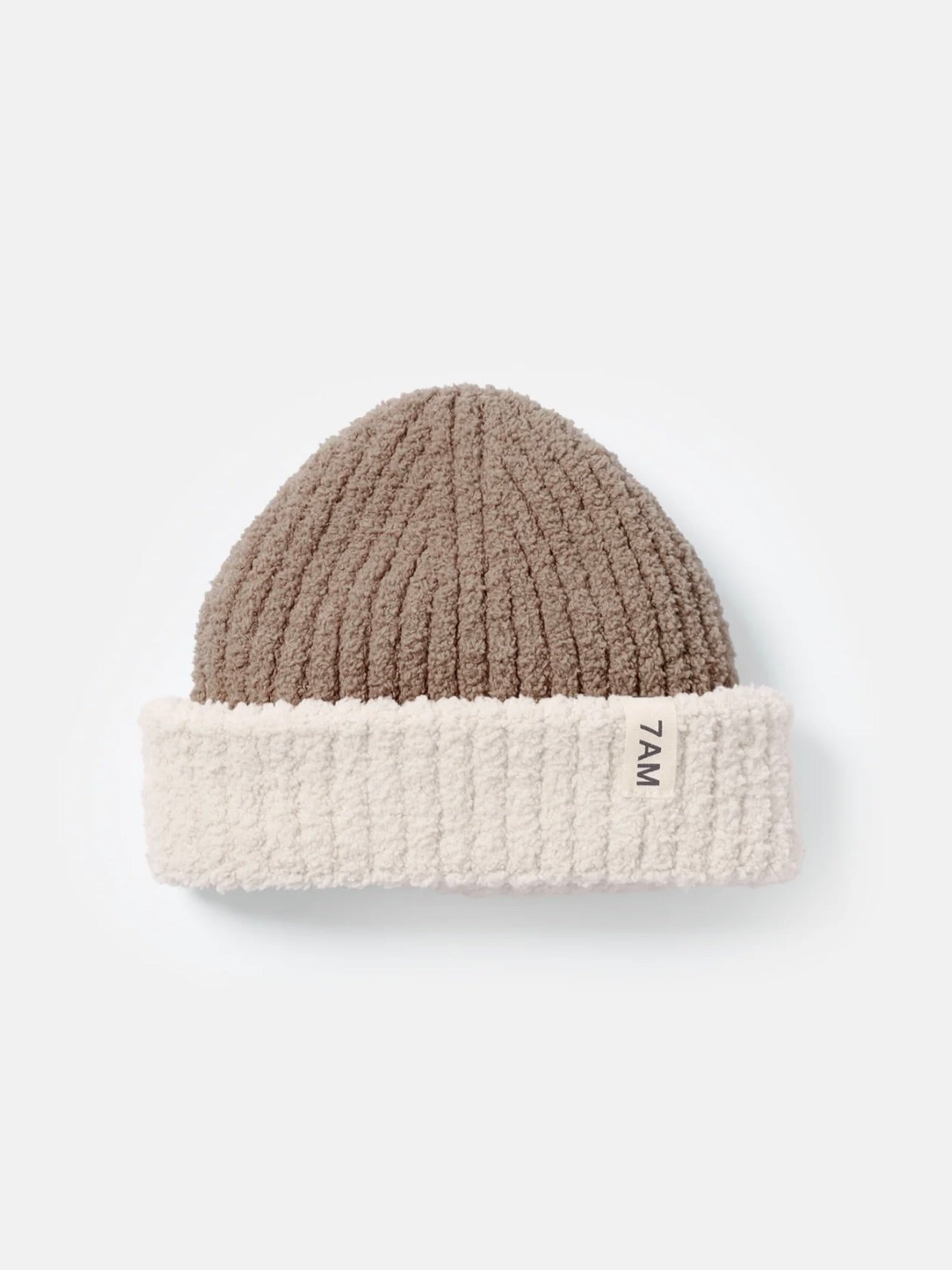 Two Toned Fuzzy Ribbed Beanie - Taupe Ecru