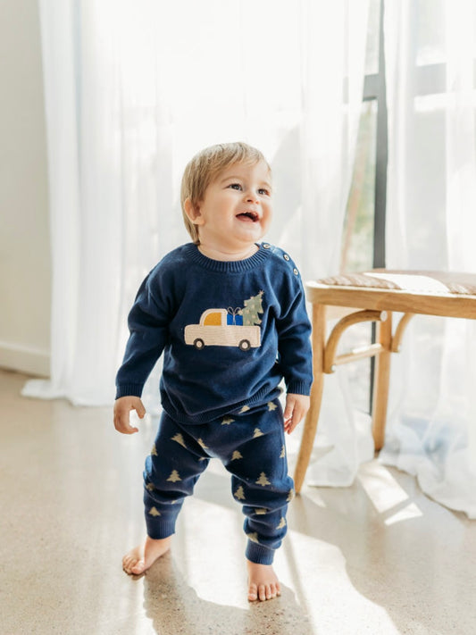 Jolly Truck Sweater Knit Baby Pullover & Pant Set - Navy