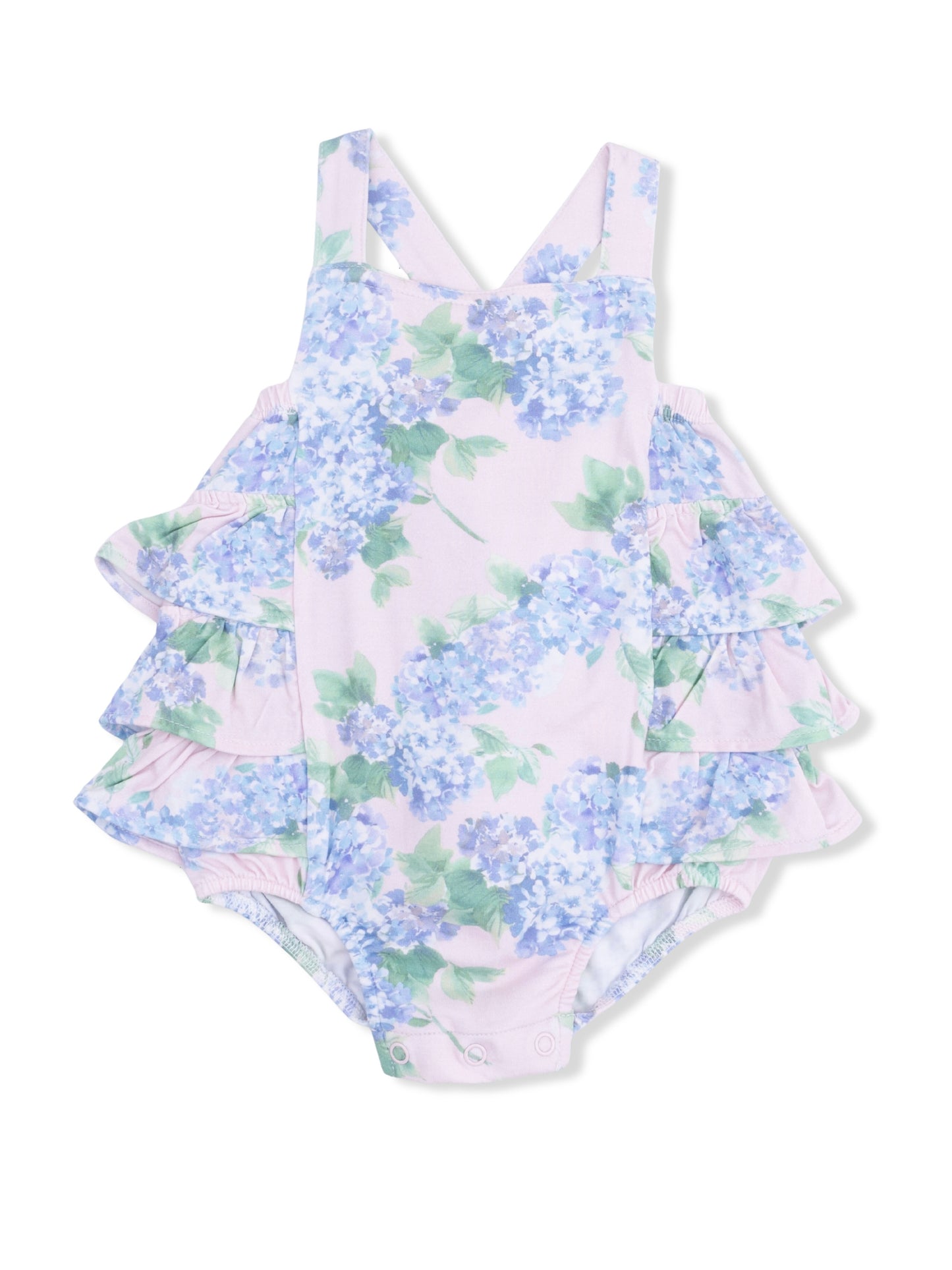 Pink + Blue Hydrangeas Ruffle Sunsuit