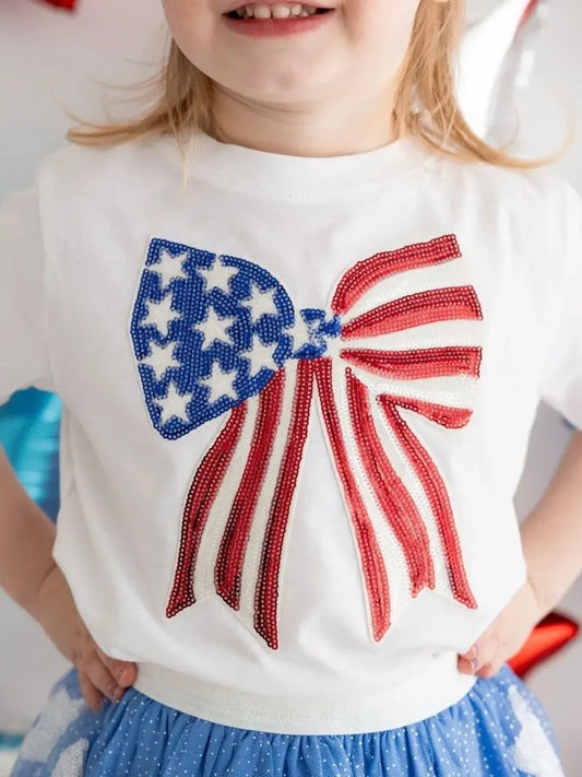Patriotic Sequin Bow Short Sleeve T-Shirt