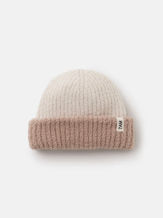 Two Toned Fuzzy Ribbed Beanie - Pecan Ecru