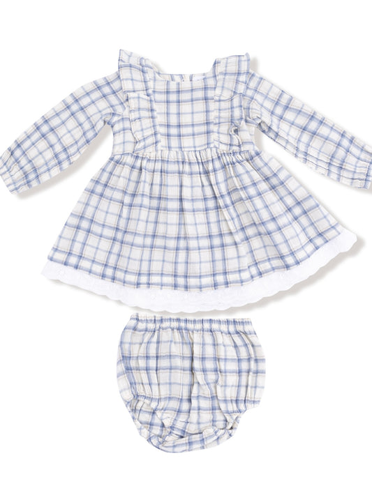 Long Sleeve Dress with Eyelet Hem - Blue Plaid