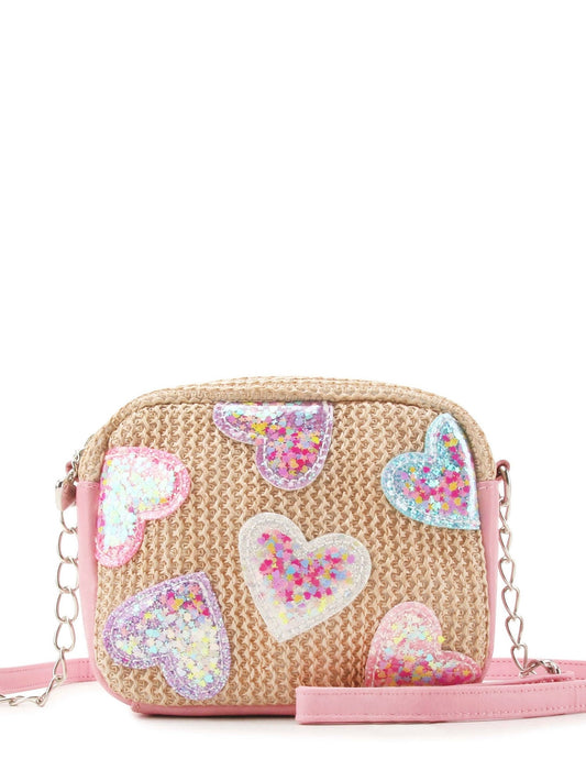 Confetti Heart Patch Straw Crossbody Bag