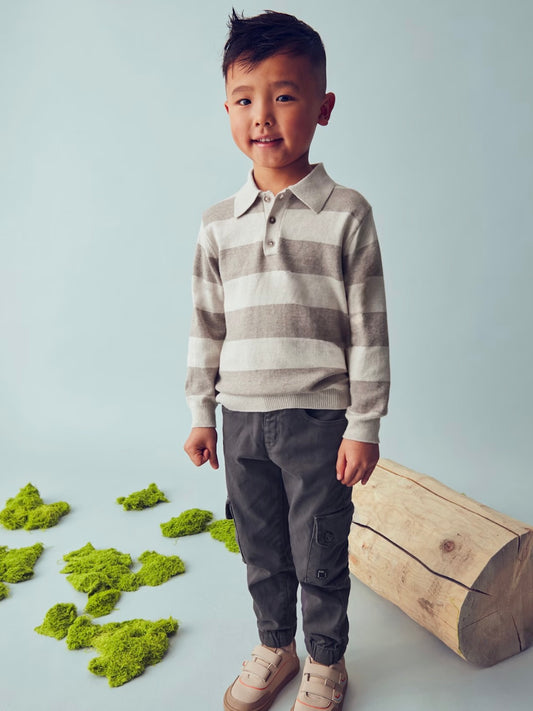 Long Sleeve Knit Polo - Oatmeal Striped