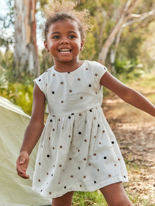 Embroidered Polka Dots Dress - Cinnamon