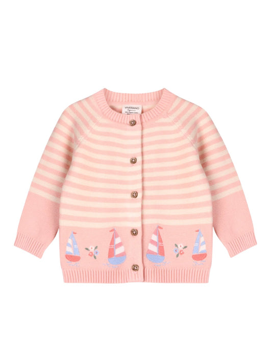Knit Cardigan - Pink Sailboats & Stripes