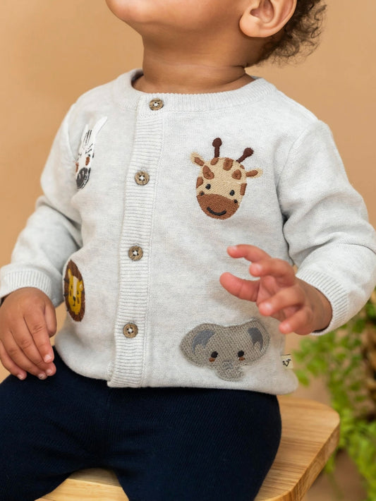 Animal Friends Embroidered Cardigan Sweater - Grey Heather